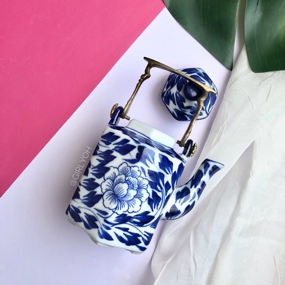 Qinghua Asian Blue White Porcelain Flower Lotus Brass Hexagon Small Teapot - Picture 2 of 5